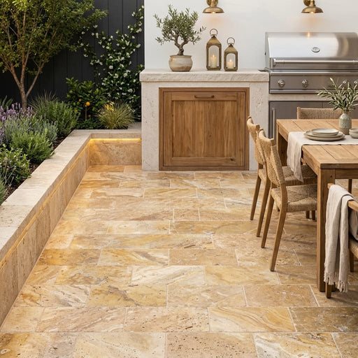 Fantastico Travertine Paver 6x12 Tumbled 1.25 inch — Backyard patio