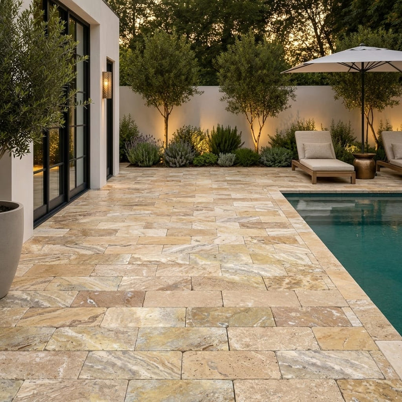 Fantastico Travertine Paver 6x12 Tumbled 1.25 inch — Backyard pool deck