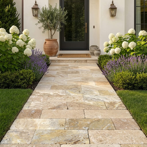 Fantastico Travertine Paver 6x12 Tumbled 1.25 inch — Front Yard walkway