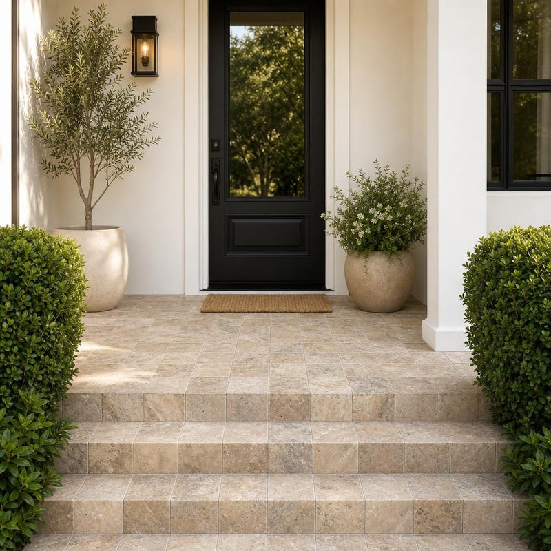 Fantastico Travertine Paver 6x6 Tumbled 1.25 inch — Front Yard front porch
