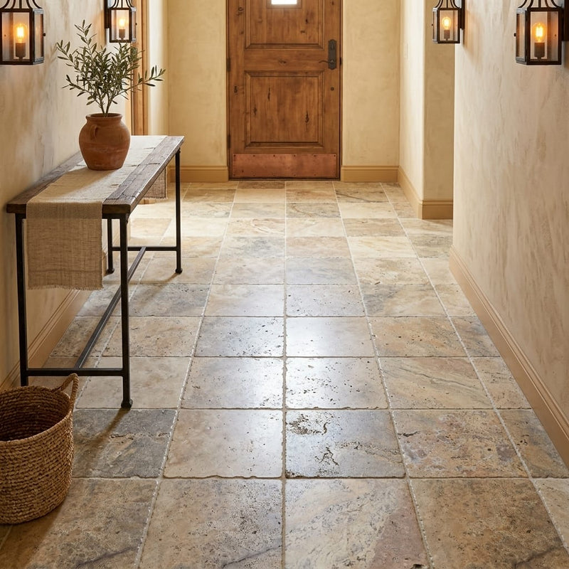 Fantastico Travertine Tile 16x16 Tumbled — Hallway floor