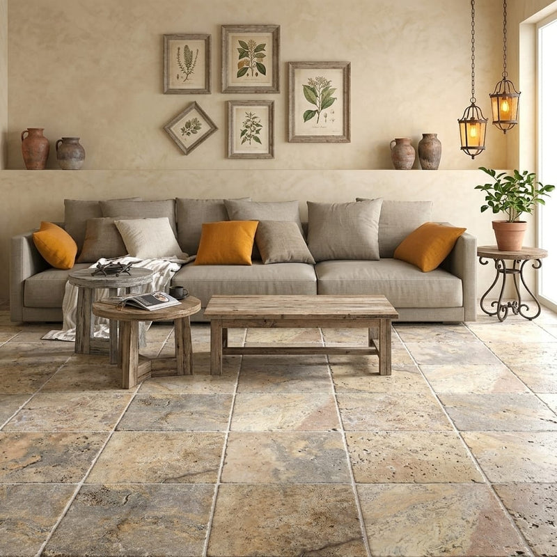 Fantastico Travertine Tile 16x16 Tumbled — Living Room floor