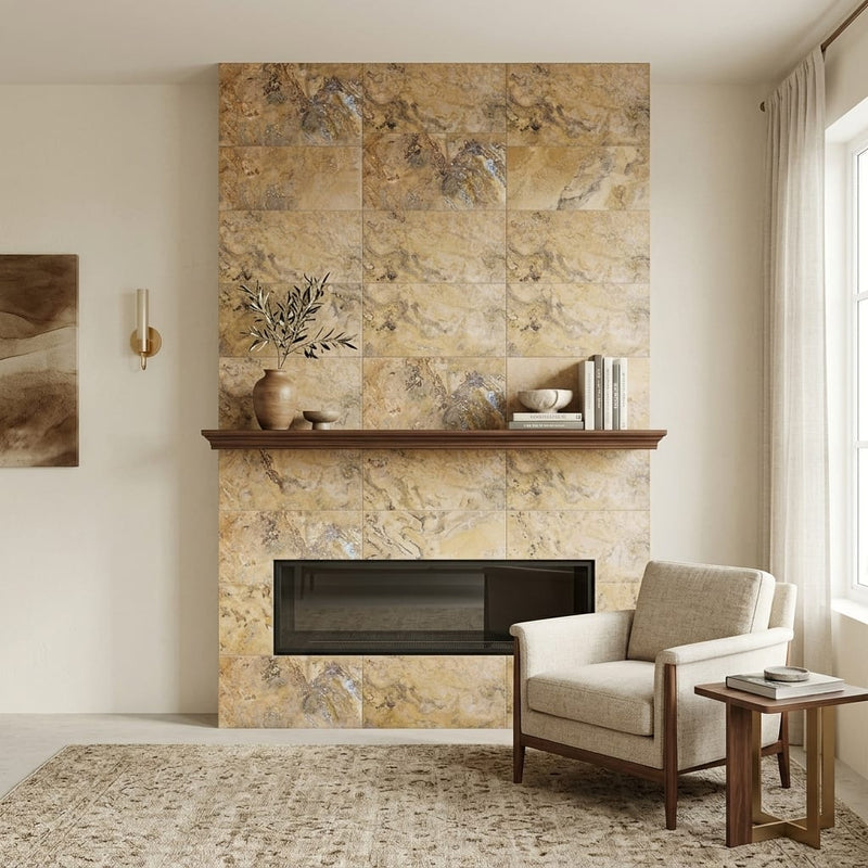 Fantastico Travertine Tile 16x24 Filled, Honed — Living Room fireplace surround