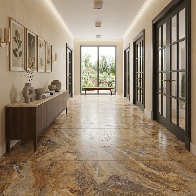 Fantastico Travertine Tile 18x18 Filled, Honed — Hallway floor