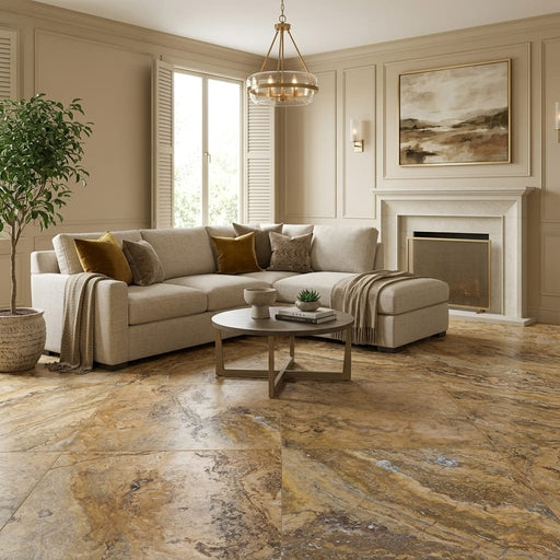 Fantastico Travertine Tile 24x24 Filled, Honed — Living Room floor