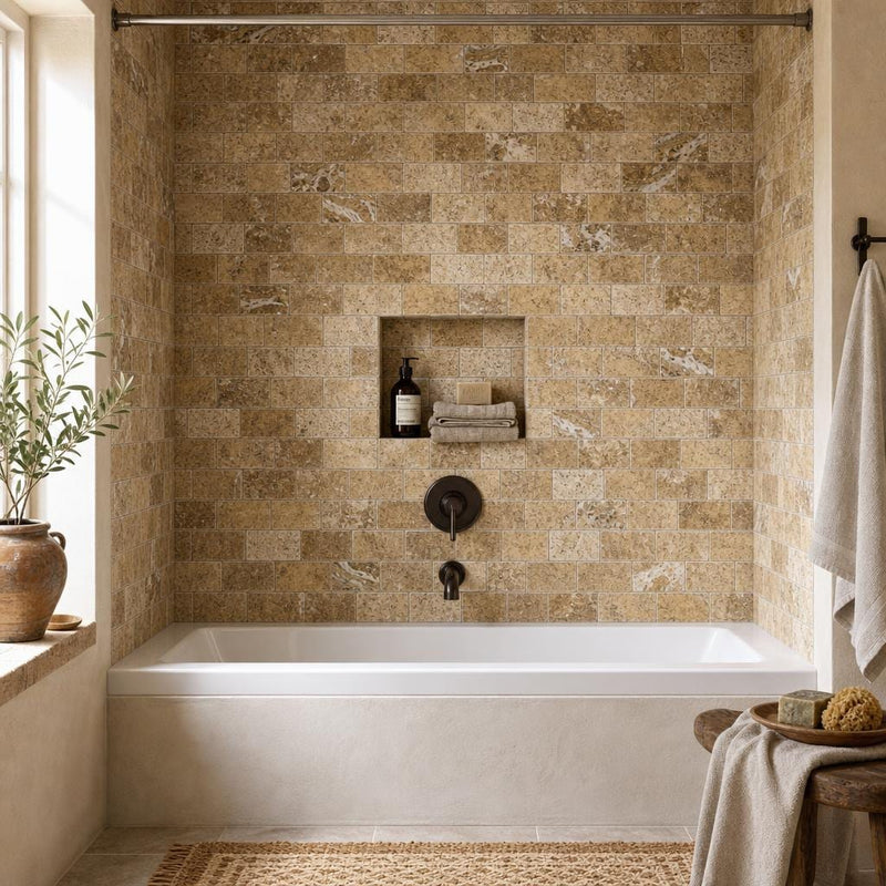Fantastico Travertine Tile 3x6 Tumbled — Bathroom tub surround