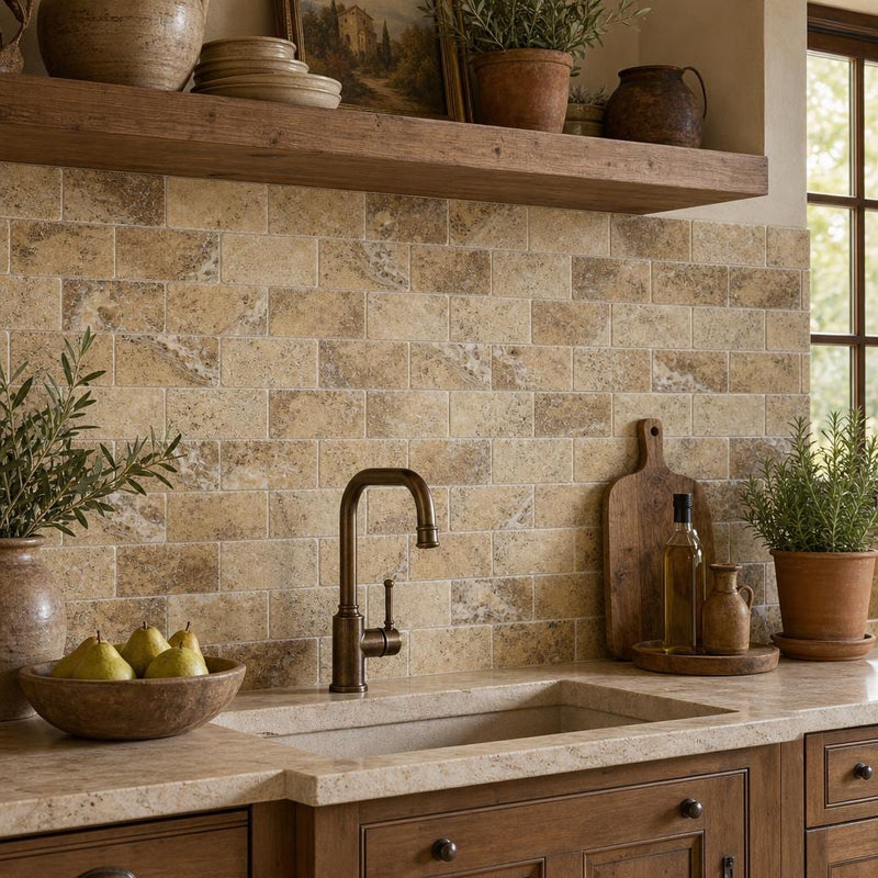 Fantastico Travertine Tile 3x6 Tumbled — Kitchen backsplash