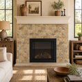 Fantastico Travertine Tile 3x6 Tumbled — Living Room fireplace surround