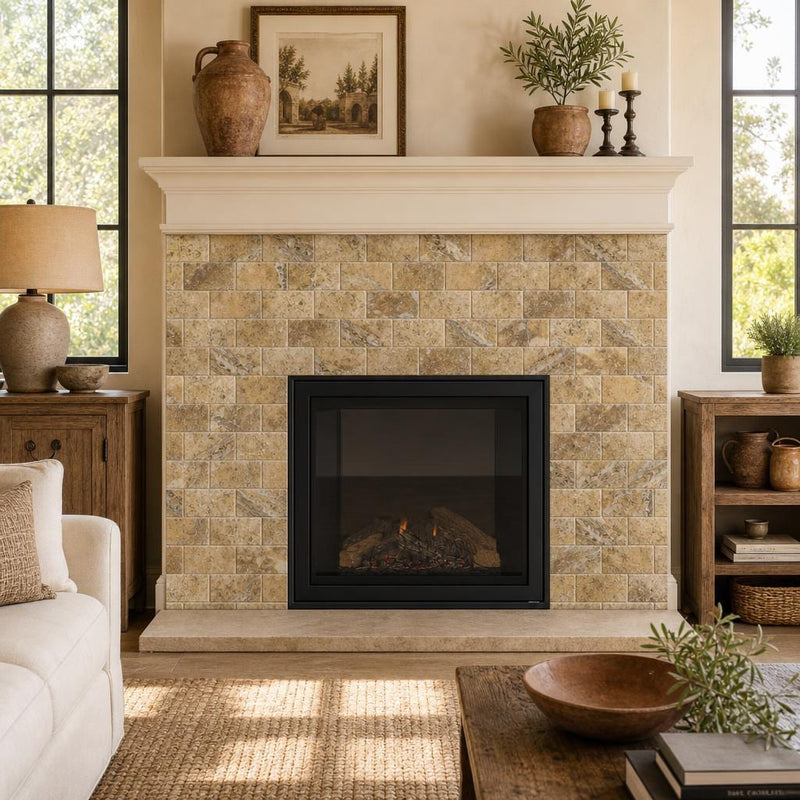 Fantastico Travertine Tile 3x6 Tumbled — Living Room fireplace surround