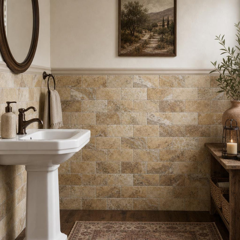 Fantastico Travertine Tile 3x6 Tumbled — Powder Room wainscot