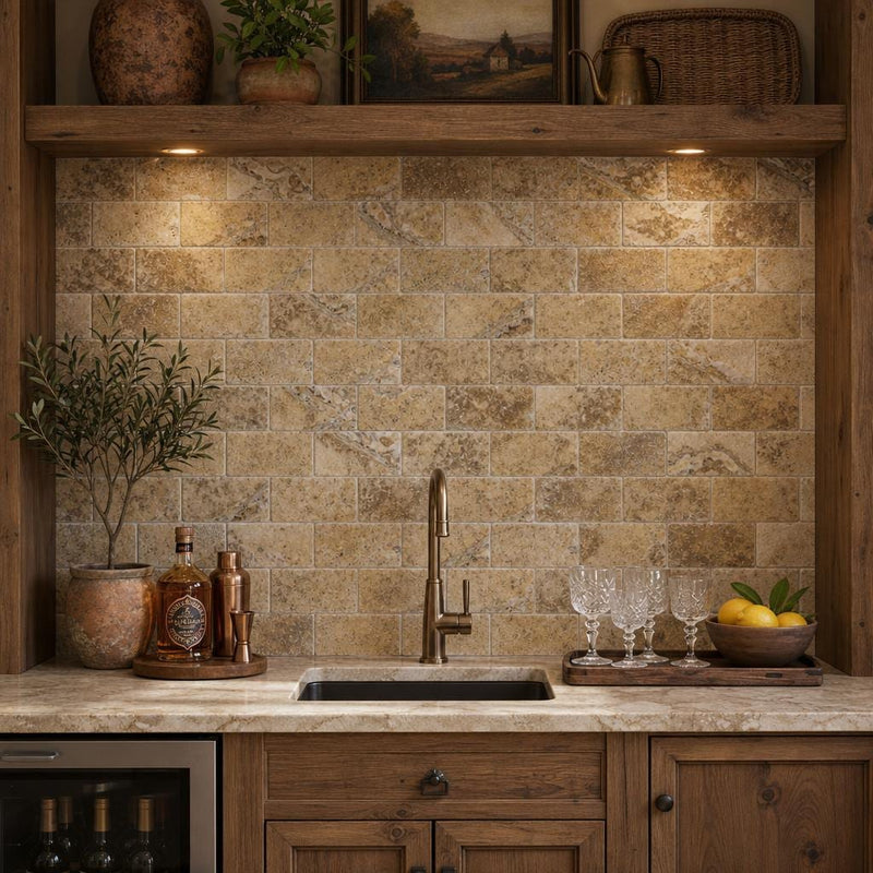 Fantastico Travertine Tile 3x6 Tumbled — Wet Bar backsplash