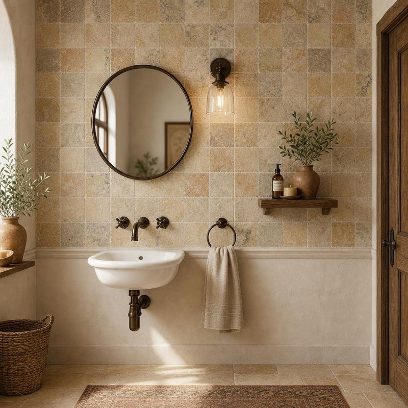 Fantastico Travertine Tile 4x4 Tumbled — Powder Room wall