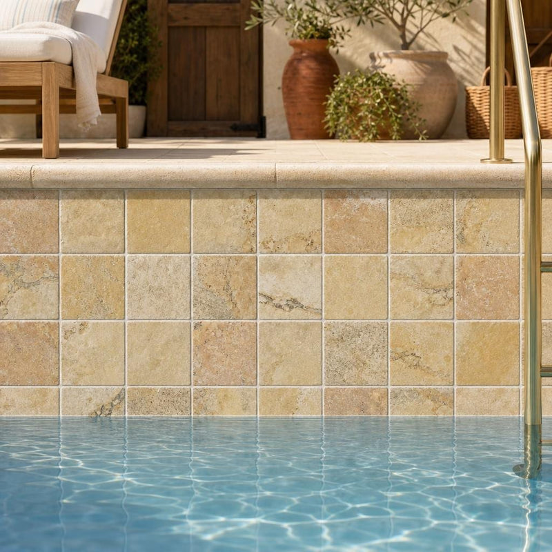 Fantastico Travertine Tile 4x4 Tumbled — Swimming Pool waterline