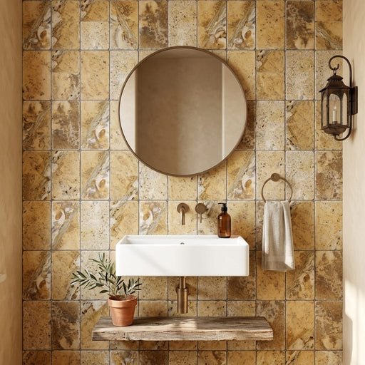 Fantastico Travertine Tile 6x12 Tumbled — Powder Room wall