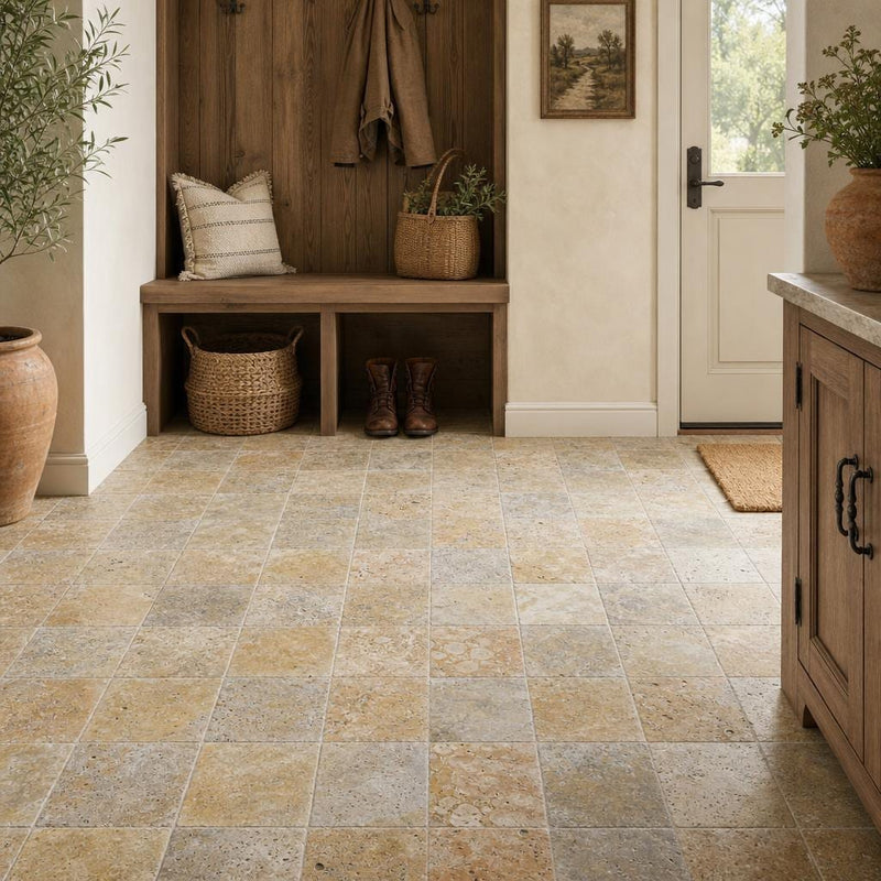 Fantastico Travertine Tile 6x6 Tumbled — Mudroom floor