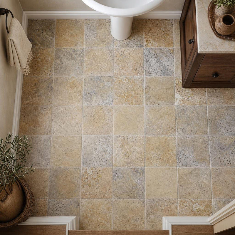 Fantastico Travertine Tile 6x6 Tumbled — Powder Room floor