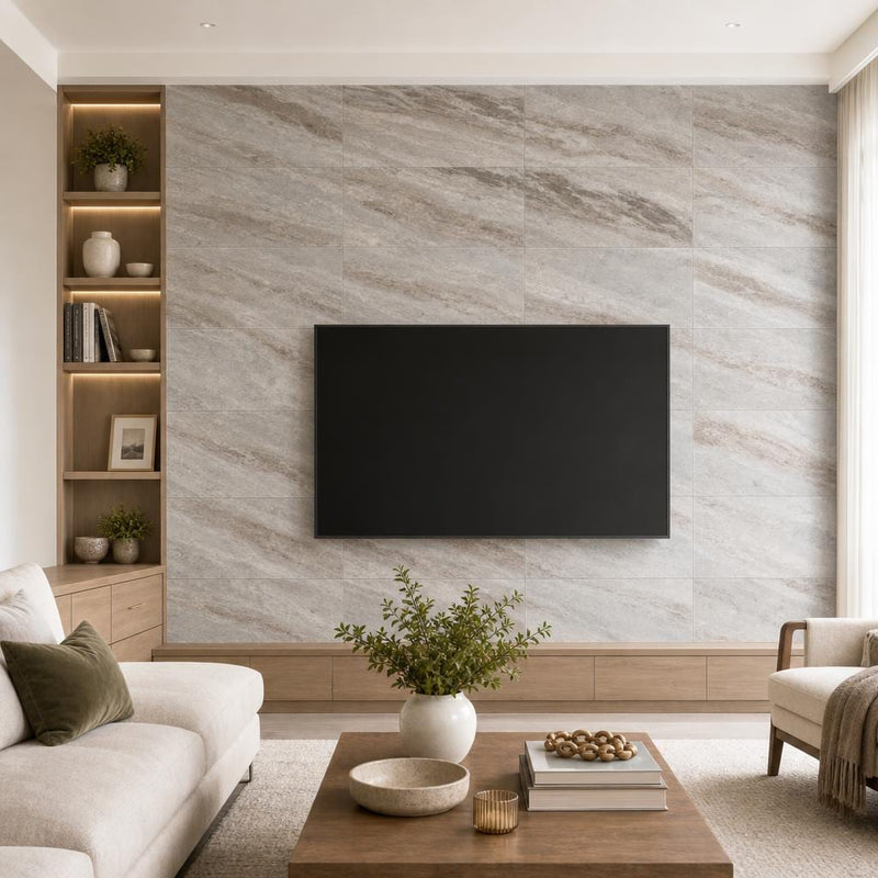 Fantasy Brown 12x24 Polished Marble Tile — Living Room feature wall