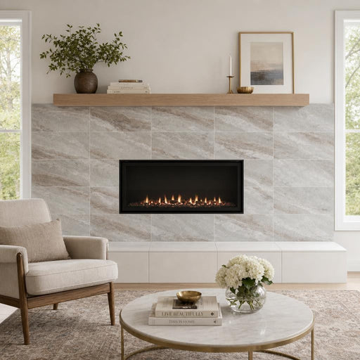 Fantasy Brown 12x24 Polished Marble Tile — Living Room fireplace surround