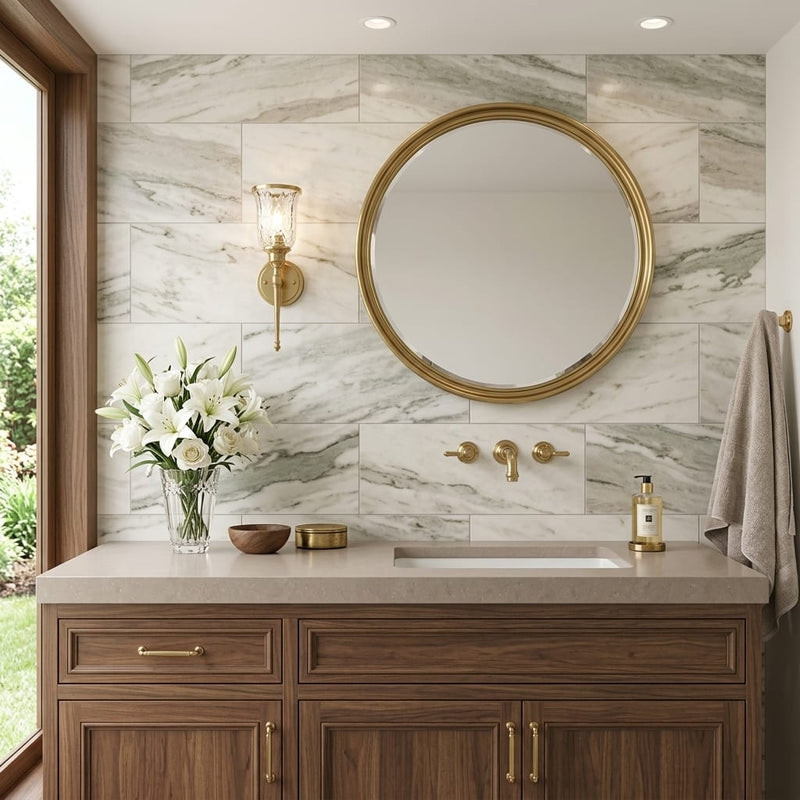 Fantasy Brown 12x24 Satin Marble Tile — Bathroom vanity wall