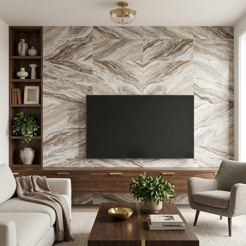 Fantasy Brown 12x24 Satin Marble Tile — Living Room feature wall