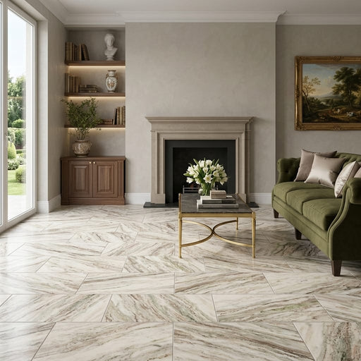 Fantasy Brown 12x24 Satin Marble Tile — Living Room floor