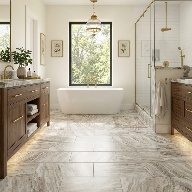 Fantasy Brown 12x24 Satin Marble Tile — Primary Bath floor
