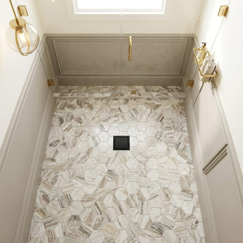 Fantasy Brown 2x2 Hexagon Honed Marble Mosaic — Bathroom shower floor