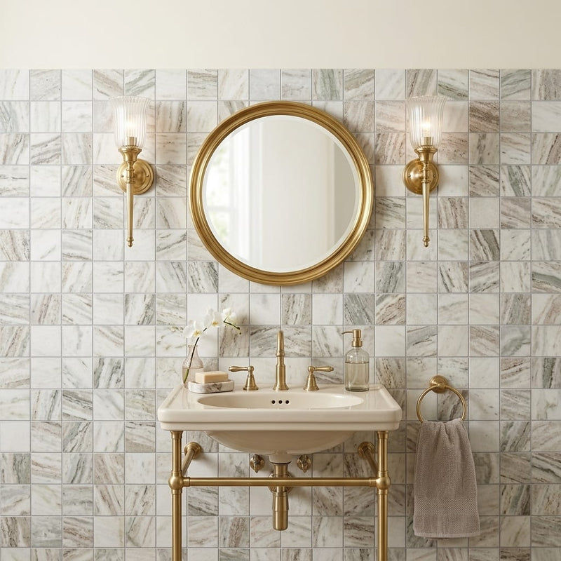 Fantasy Brown 2x2 Honed Marble Mosaic — Powder Room wall