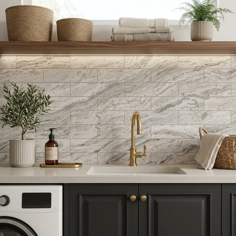 Fantasy Brown 4x16 Honed Marble Tile — Laundry Room backsplash