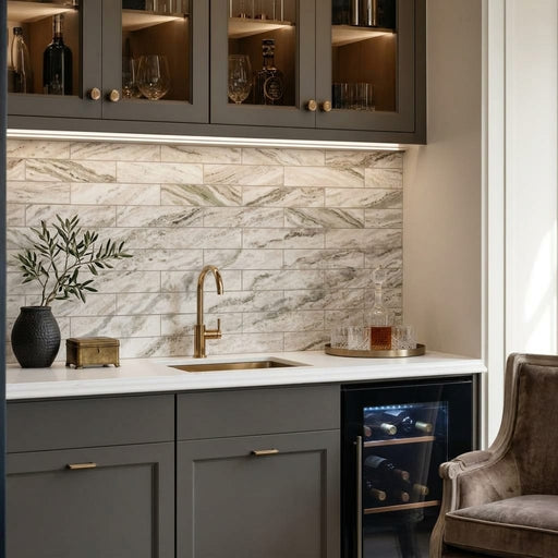 Fantasy Brown 4x16 Honed Marble Tile — Wet Bar backsplash