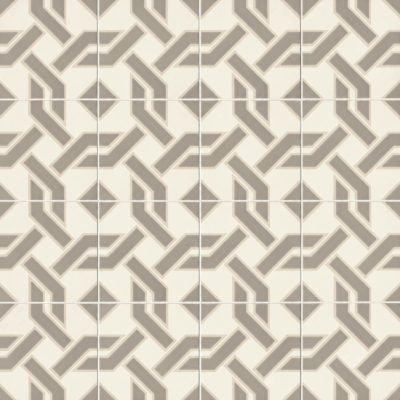 Feel Balanced 8x8 The Adventurist ceramic tile with a cream background and taupe geometric pattern.