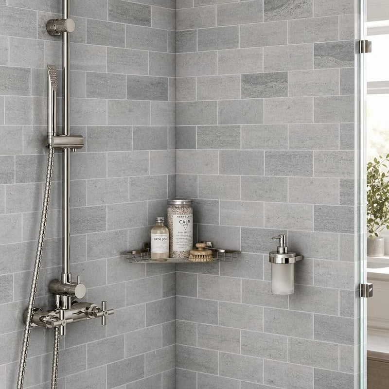 Ferrara Argento Marble Tile 3x6 Honed 3/8 inch — Bathroom shower wall
