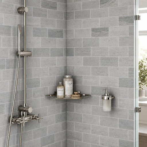 Ferrara Argento Marble Tile 3x6 Honed 3/8 inch — Bathroom shower wall