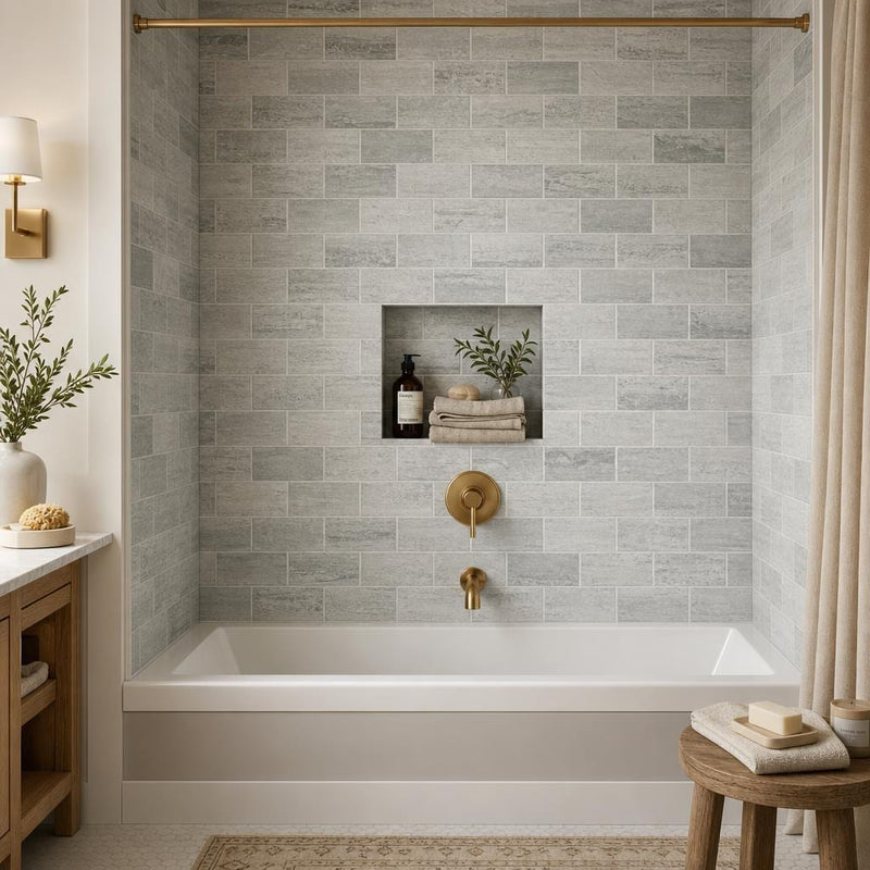 Ferrara Argento Marble Tile 3x6 Honed 3/8 inch — Bathroom tub surround