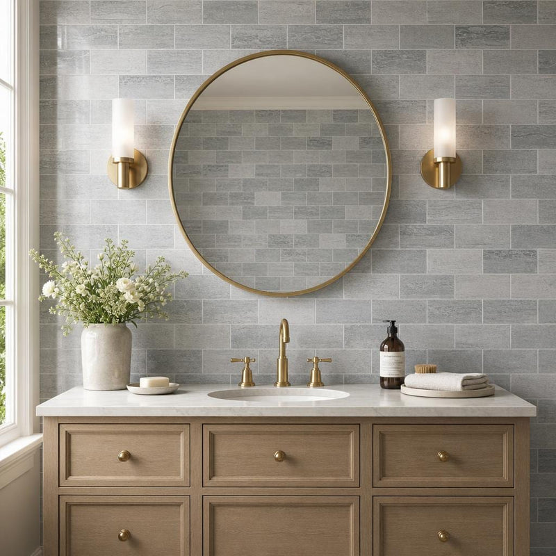 Ferrara Argento Marble Tile 3x6 Honed 3/8 inch — Bathroom wall