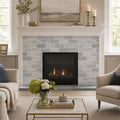 Ferrara Argento Marble Tile 3x6 Honed 3/8 inch — Living Room fireplace surround