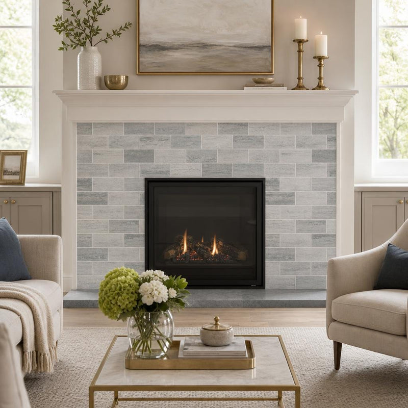 Ferrara Argento Marble Tile 3x6 Honed 3/8 inch — Living Room fireplace surround