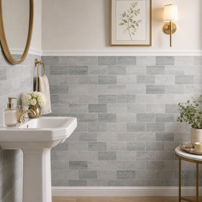 Ferrara Argento Marble Tile 3x6 Honed 3/8 inch — Powder Room wainscot
