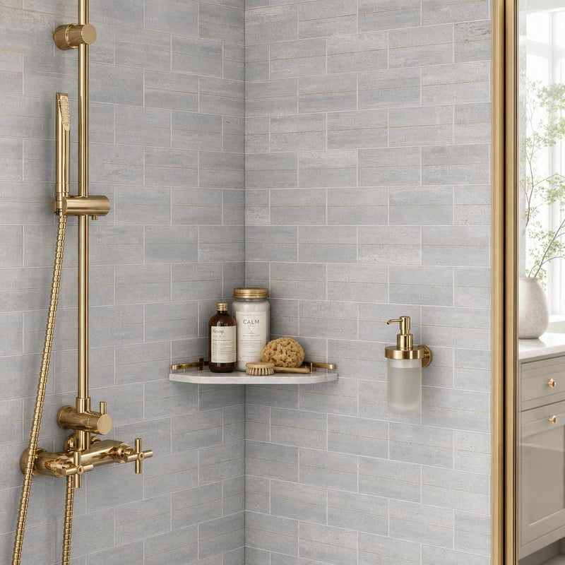 Ferrara Argento Brass Deco Marble Tile, Honed, 3x6 in — Bathroom shower wall