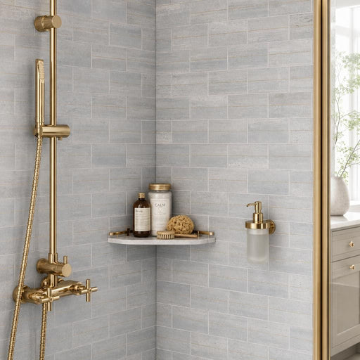 Ferrara Argento Brass Deco Marble Tile, Honed, 3x6 in — Bathroom shower wall