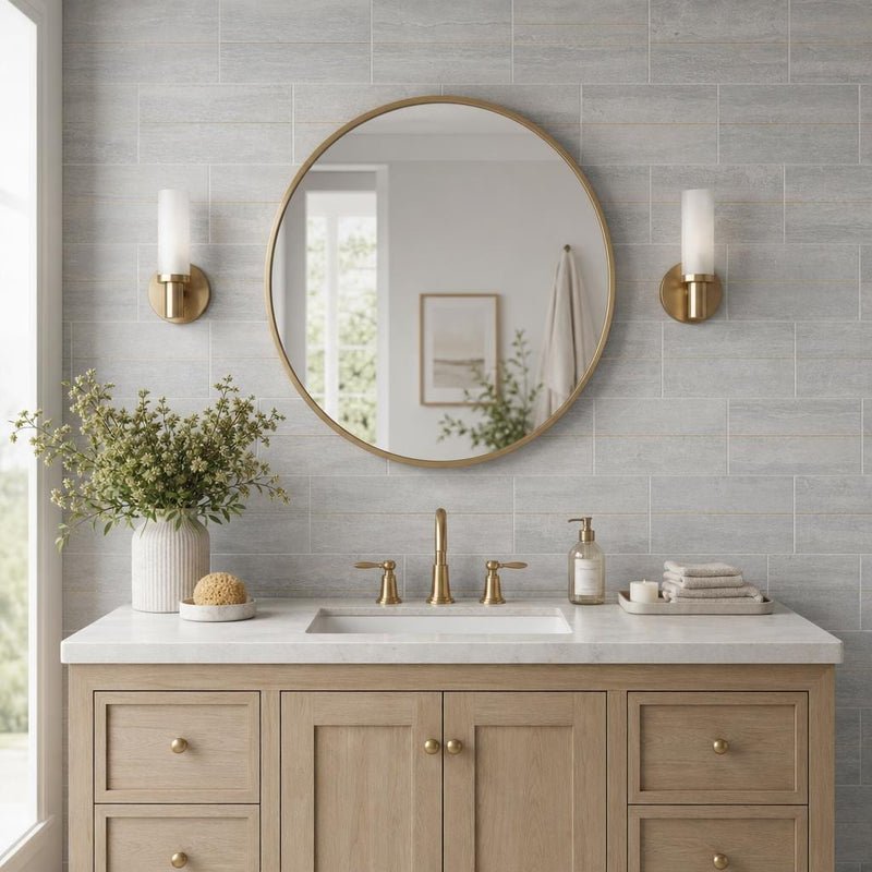 Ferrara Argento Brass Deco Marble Tile, Honed, 3x6 in — Bathroom wall