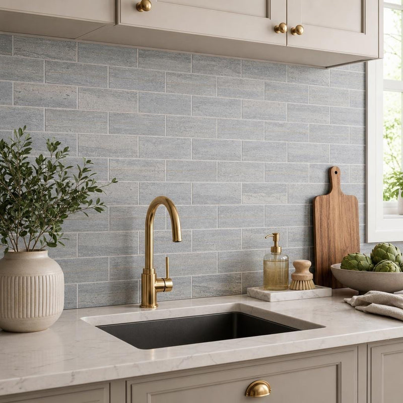 Ferrara Argento Brass Deco Marble Tile, Honed, 3x6 in — Kitchen backsplash