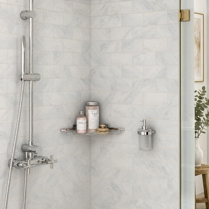 Ferrara Bianco Marble Tile 3x6 Honed 3/8 inch — Bathroom shower wall