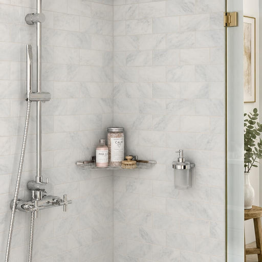 Ferrara Bianco Marble Tile 3x6 Honed 3/8 inch — Bathroom shower wall