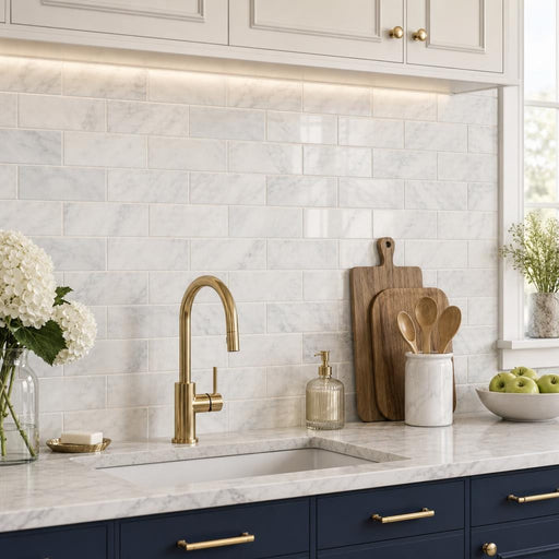 Ferrara Bianco Marble Tile 3x6 Honed 3/8 inch — Kitchen backsplash