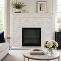 Ferrara Bianco Marble Tile 3x6 Honed 3/8 inch — Living Room fireplace surround