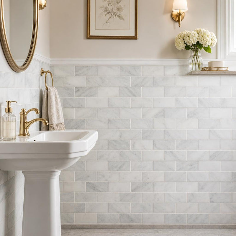 Ferrara Bianco Marble Tile 3x6 Honed 3/8 inch — Powder Room wainscot
