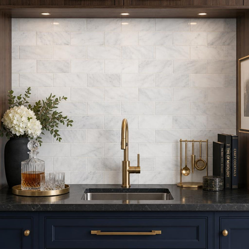 Ferrara Bianco Marble Tile 3x6 Honed 3/8 inch — Wet Bar backsplash