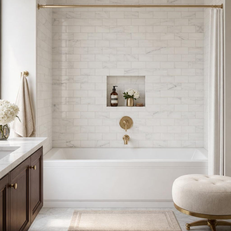 Ferrara Bianco Brass Deco Marble Tile - Honed 3x6, 3/8 in — Bathroom tub surround
