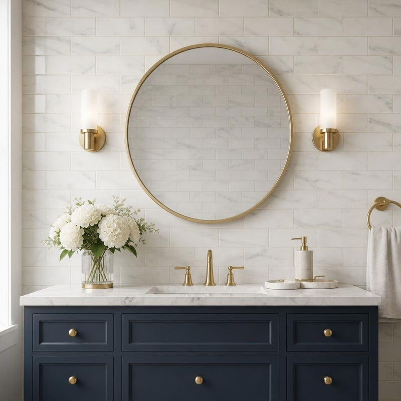 Ferrara Bianco Brass Deco Marble Tile - Honed 3x6, 3/8 in — Bathroom wall
